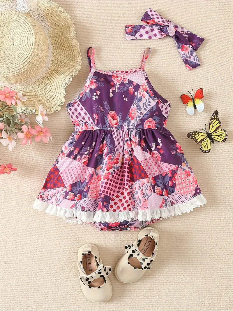 Patterned Onesie Dress With Matching Bow