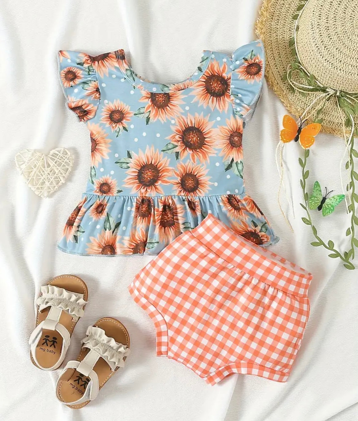 Light Blue Shirt With Sunflowers And Plaid Bloomers