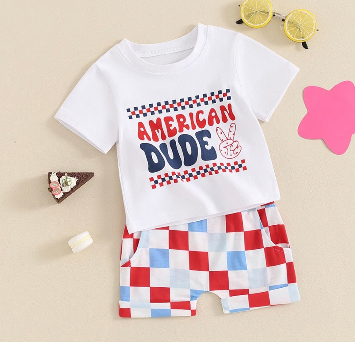 Red White And Blue With Checkered Shorts "American Dude"