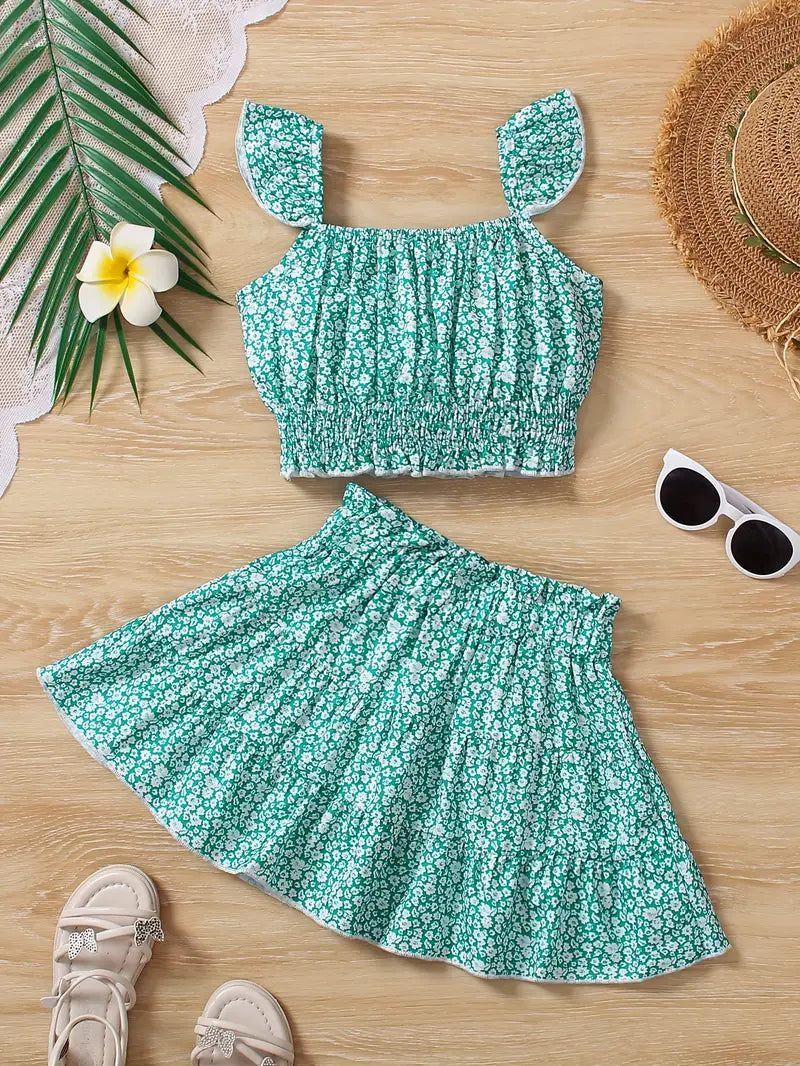 Emerald Green Floral Shirt And Skirt