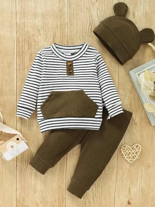 3pc Army Green Striped Outfit With Bear Ears Hat