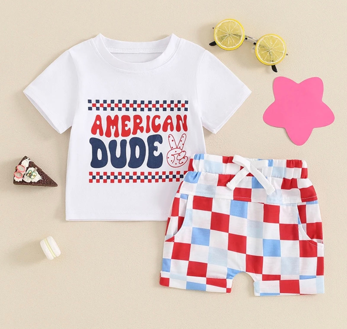 Red White And Blue With Checkered Shorts "American Dude"