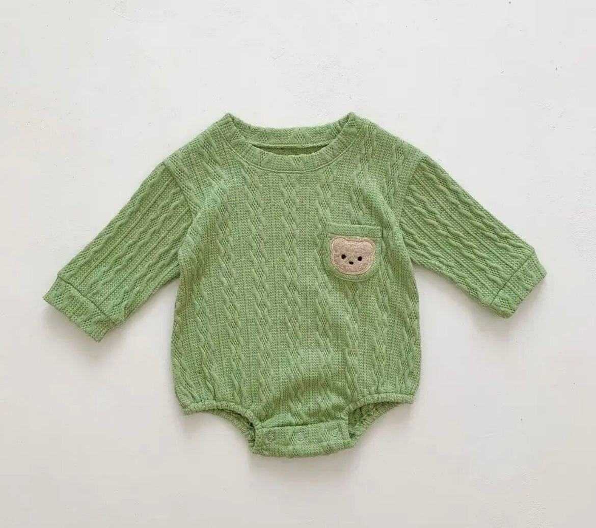 Waffle Style Long Sleeve Onesie With Teddy Bear Pocket