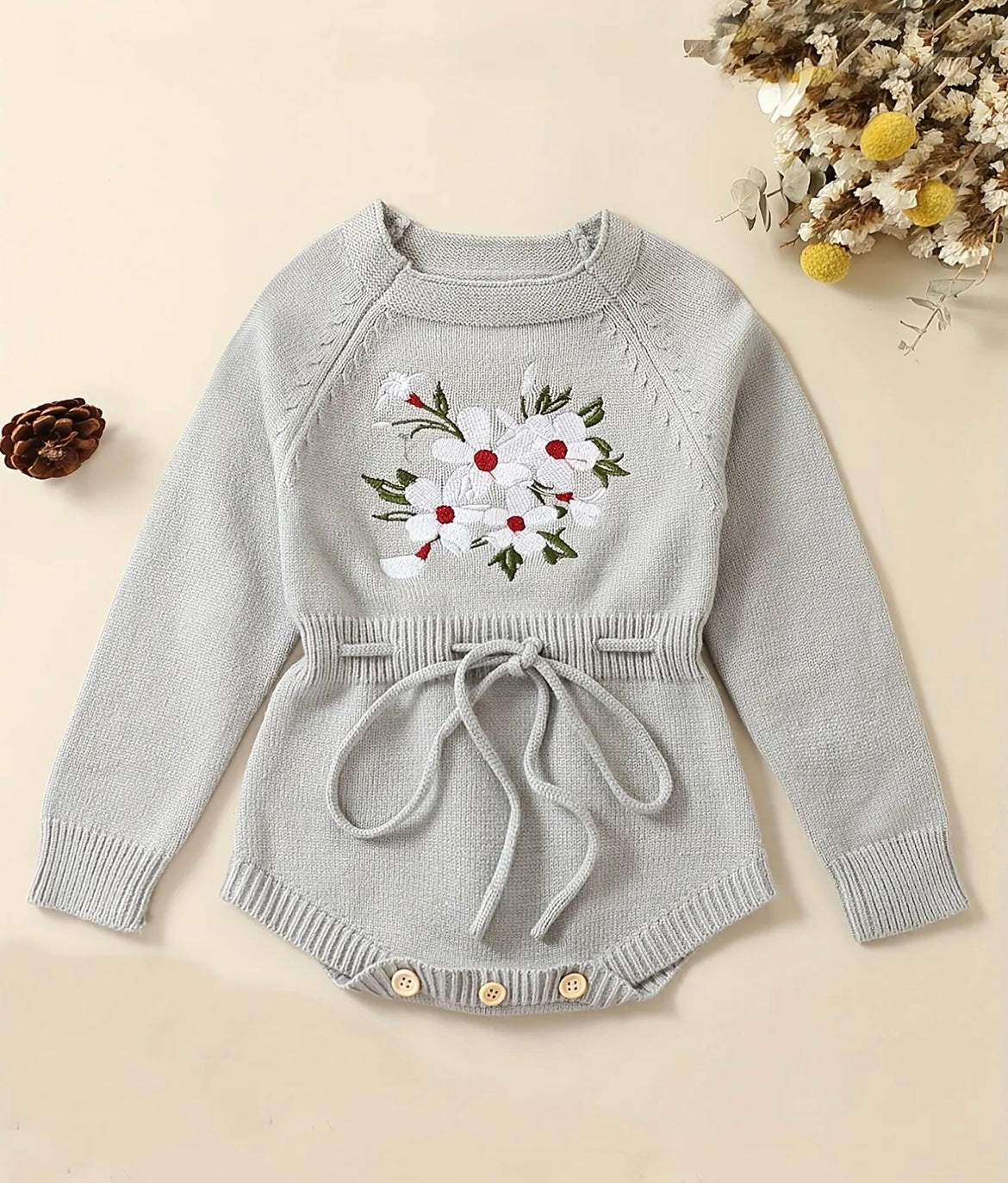 Flower Long Sleeve Onesie With Front Tie - Ryry&Lulu