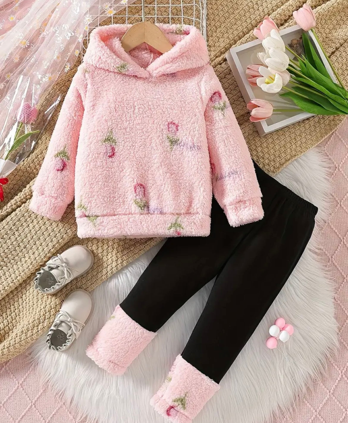 Soft Flower Hoodie And Black Leggings With Soft Flower Bottom - Ryry&Lulu