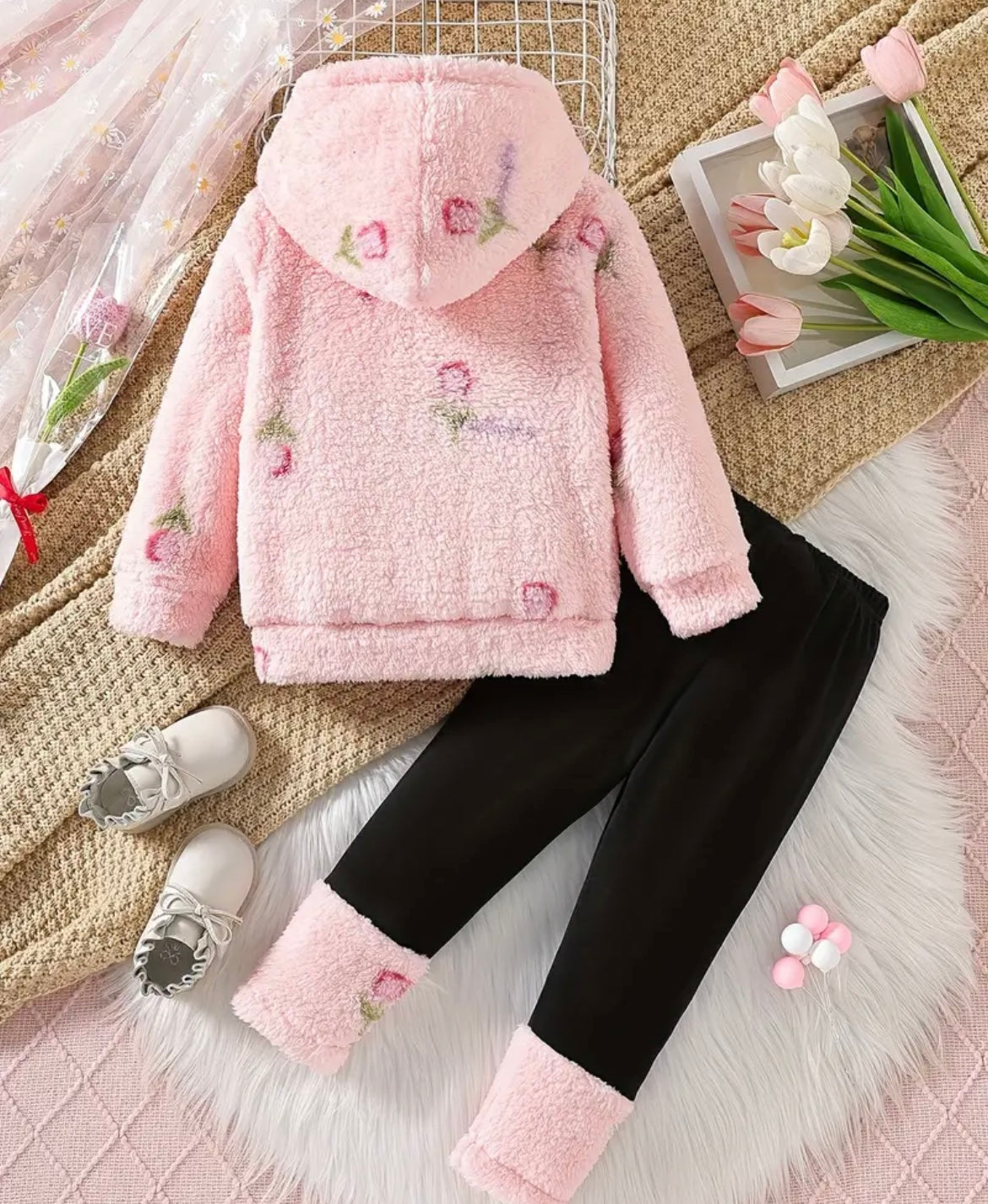 Soft Flower Hoodie And Black Leggings With Soft Flower Bottom - Ryry&Lulu