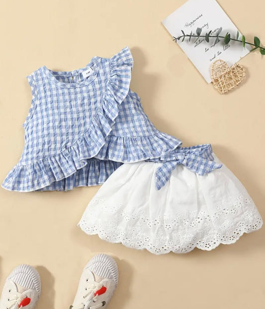 Ruffle Plaid Top And Lace Skirt Set - Ryry&Lulu