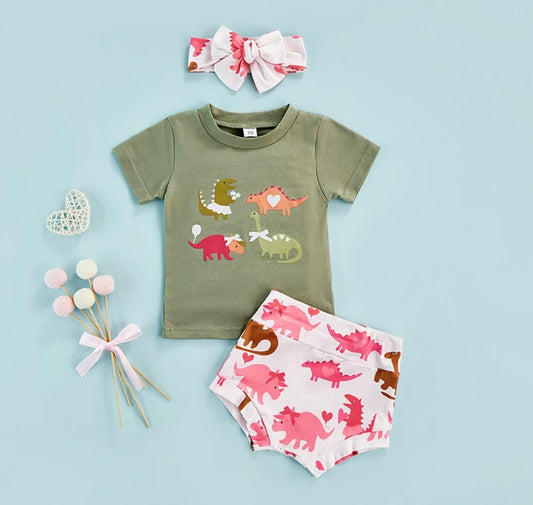 3pc Dinosaur Shirt, Shorts, And Matching Bow