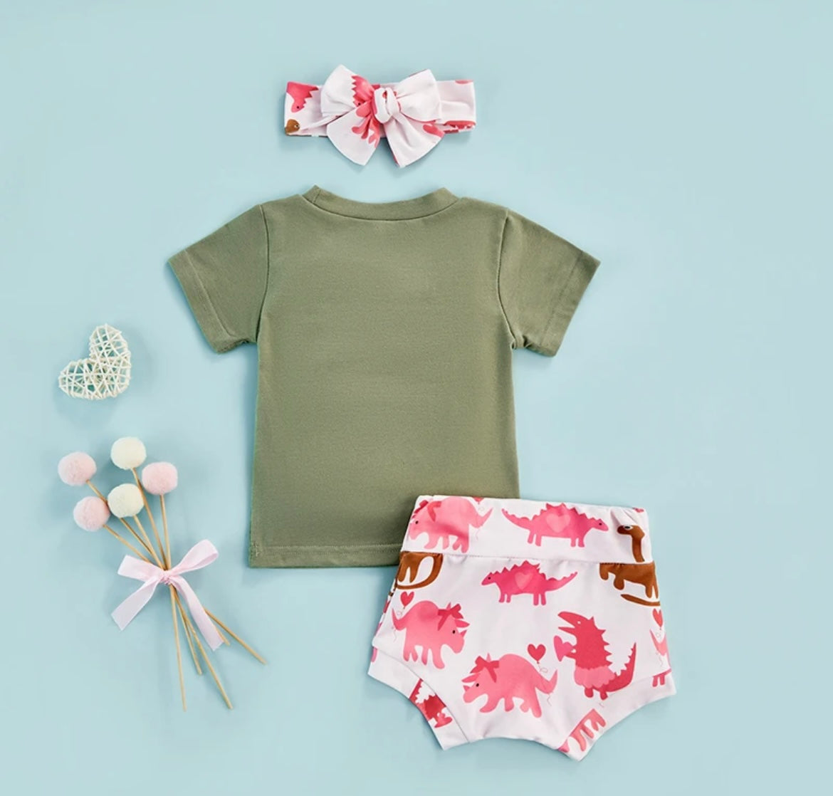 3pc Dinosaur Shirt, Shorts, And Matching Bow