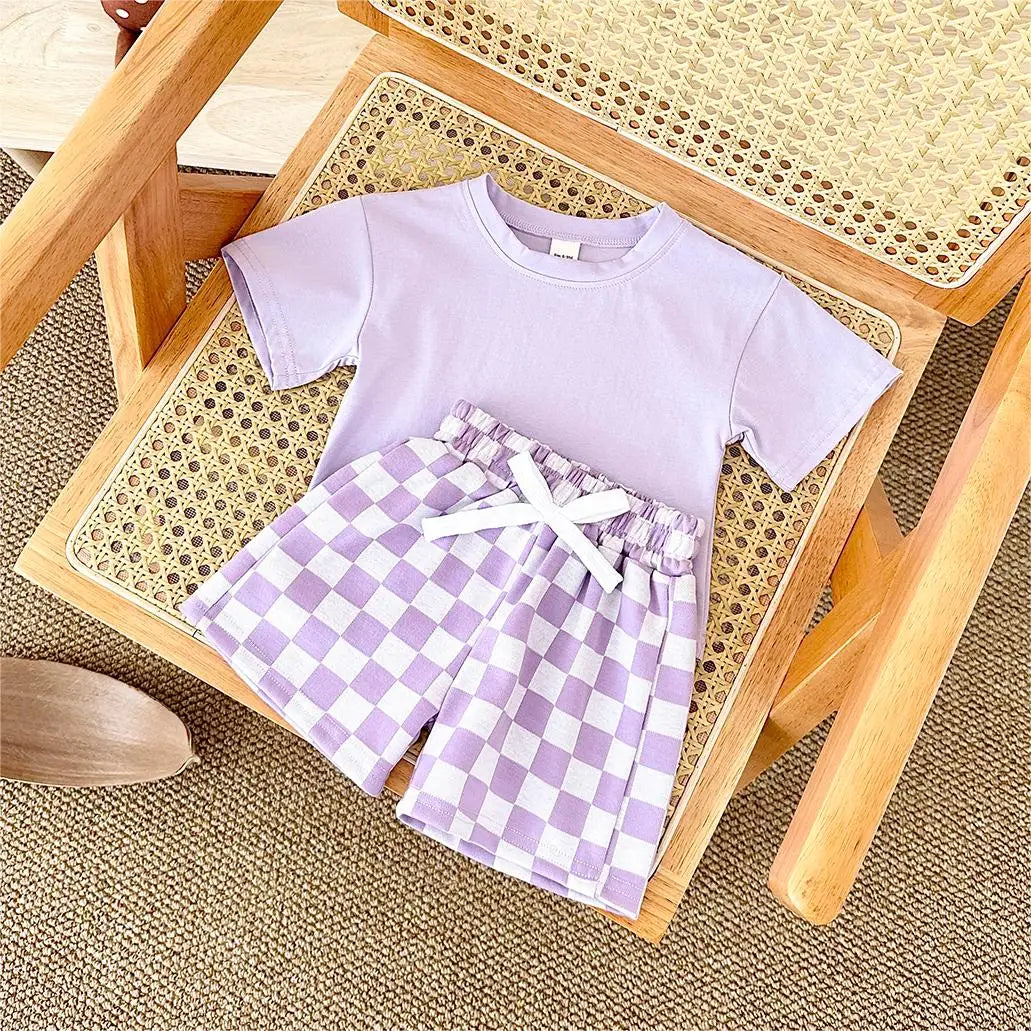 Short Sleeve Solid Shirt With Matching Checkered Shorts