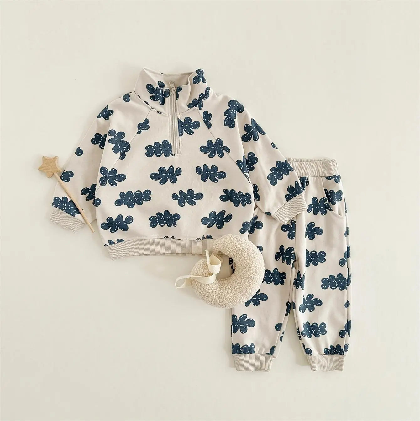 Cloud Print Zipper Long Sleeved Pants And Sweatshirt